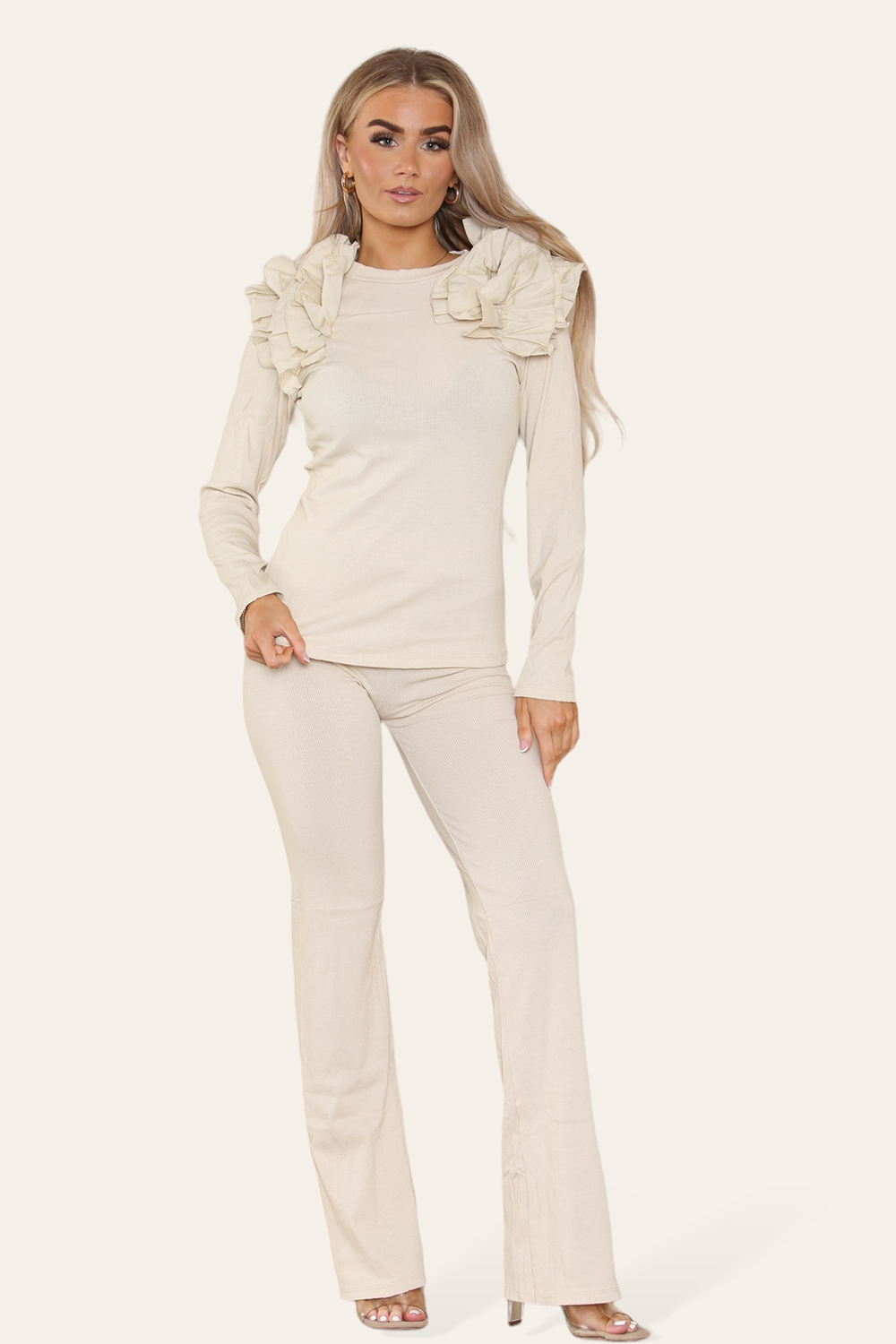 Ruffle Frill Shoulder Ribbed Loungewear