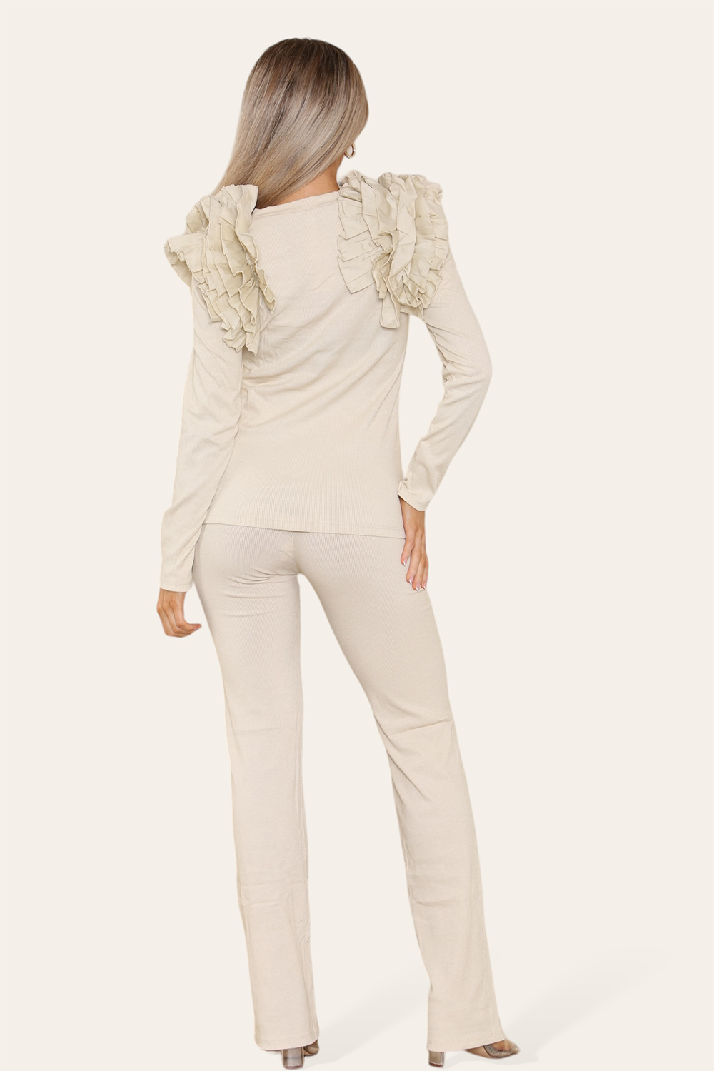 Ruffle Frill Shoulder Ribbed Loungewear