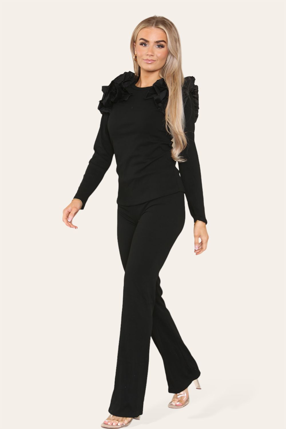 Ruffle Frill Shoulder Ribbed Loungewear