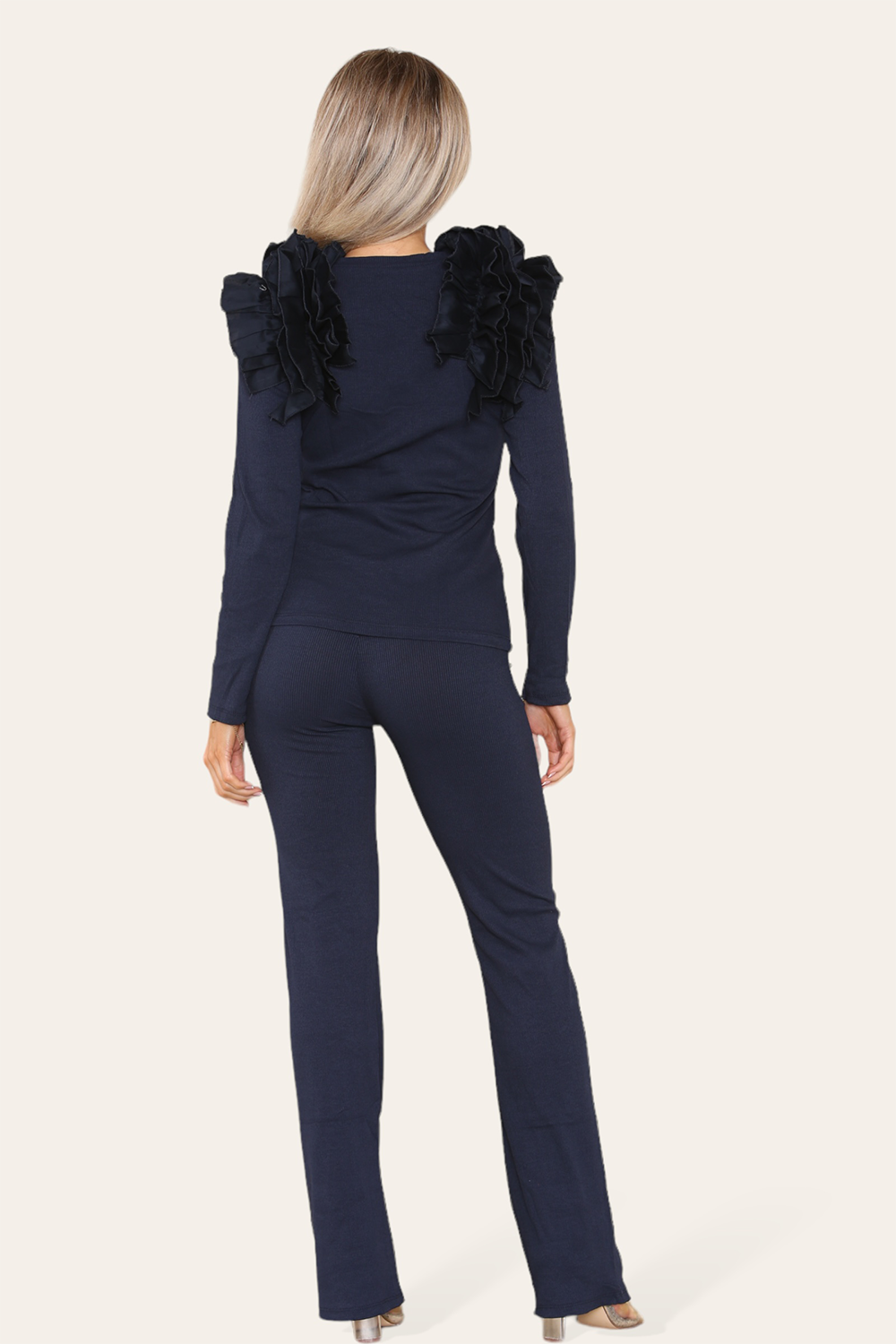 Ruffle Frill Shoulder Ribbed Loungewear