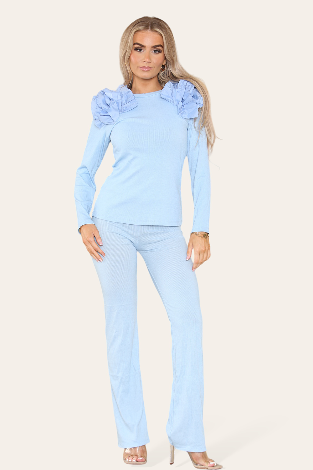 Ruffle Frill Shoulder Ribbed Loungewear