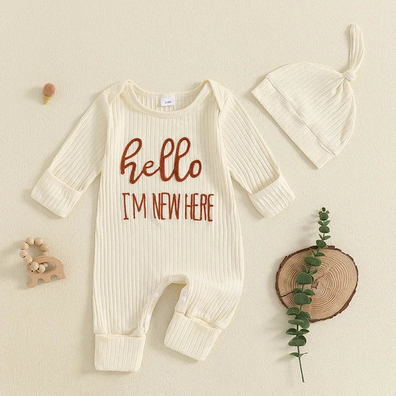 "Hello I'm New Here" Newborn Ribbed Jumpsuit with Hat