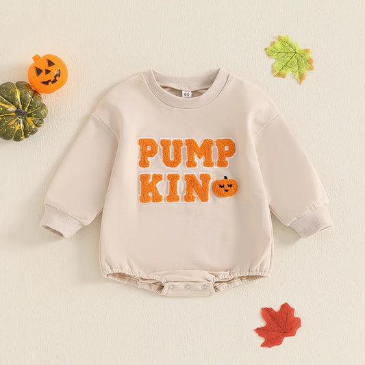 Cotton Romper with Pumpkin Letter Embroidery