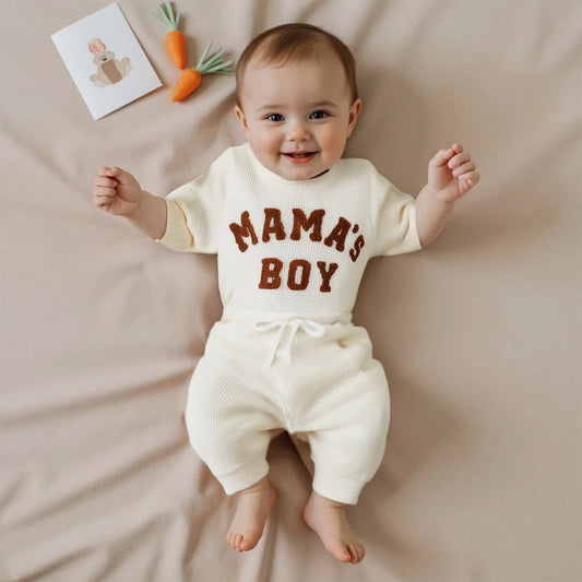 Adorable Mamas Boy waffle long-sleeve romper