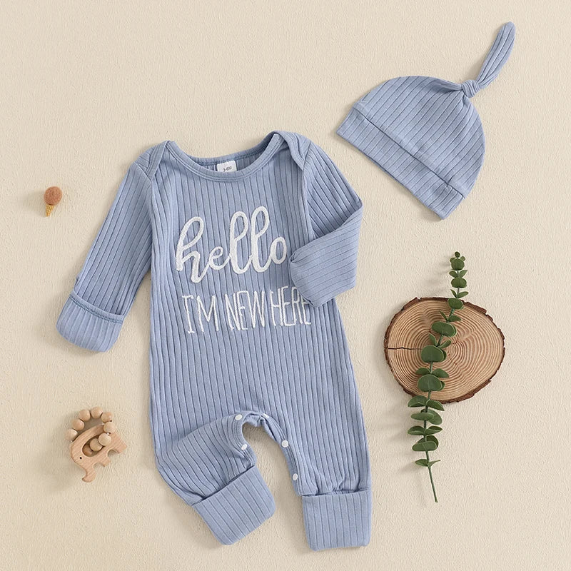 "Hello I'm New Here" Newborn Ribbed Jumpsuit with Hat