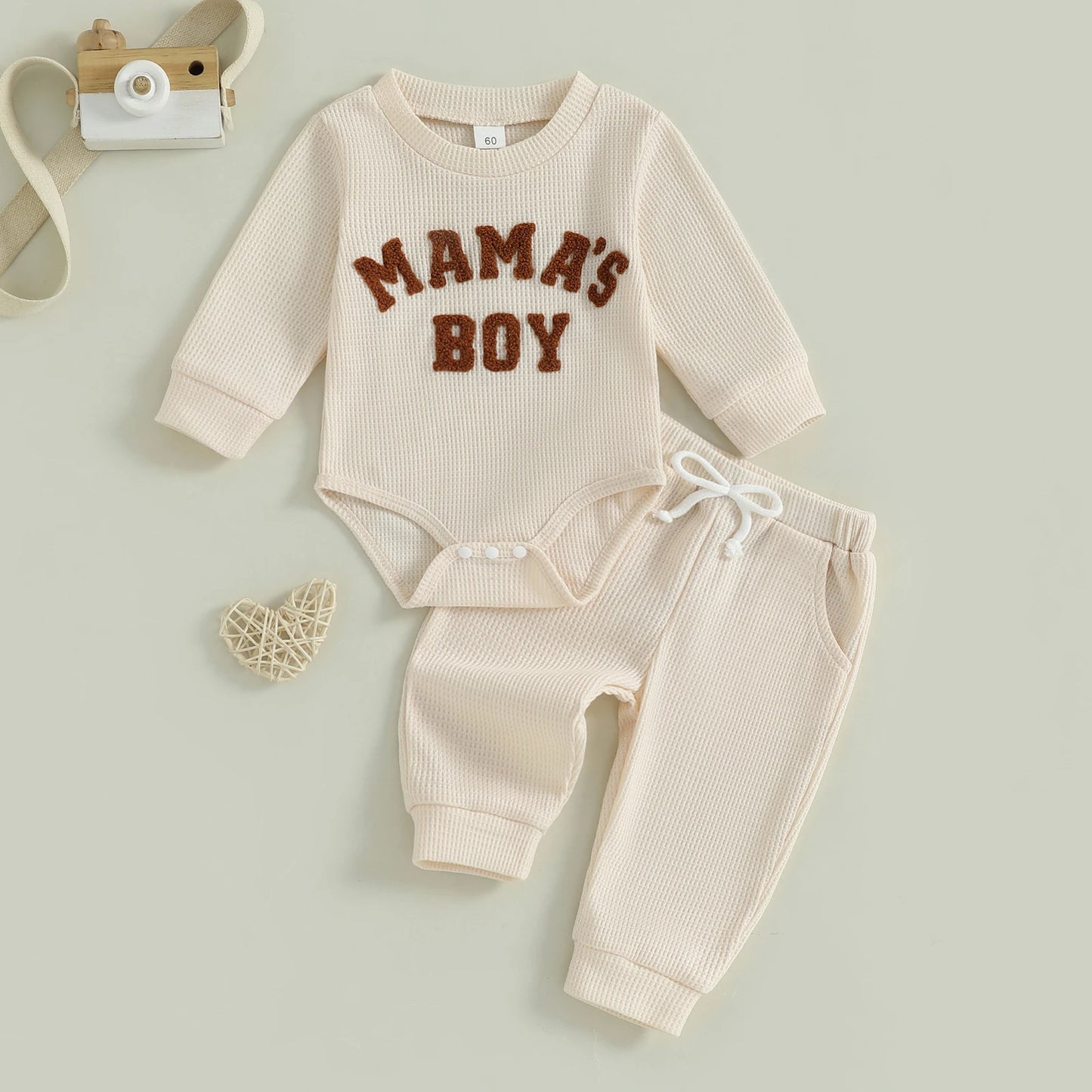 Adorable Mamas Boy waffle long-sleeve romper