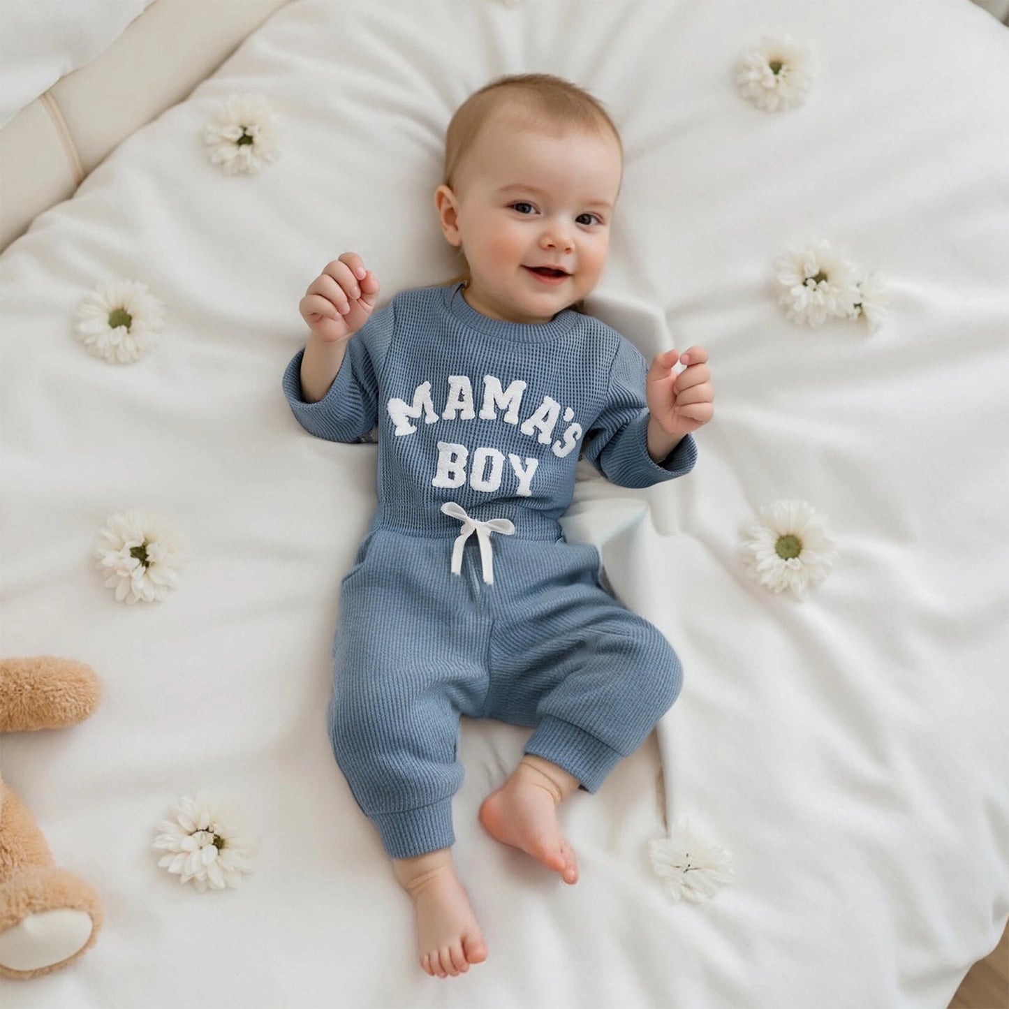 Adorable Mamas Boy waffle long-sleeve romper