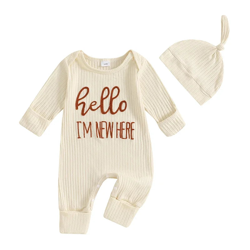 "Hello I'm New Here" Newborn Ribbed Jumpsuit with Hat