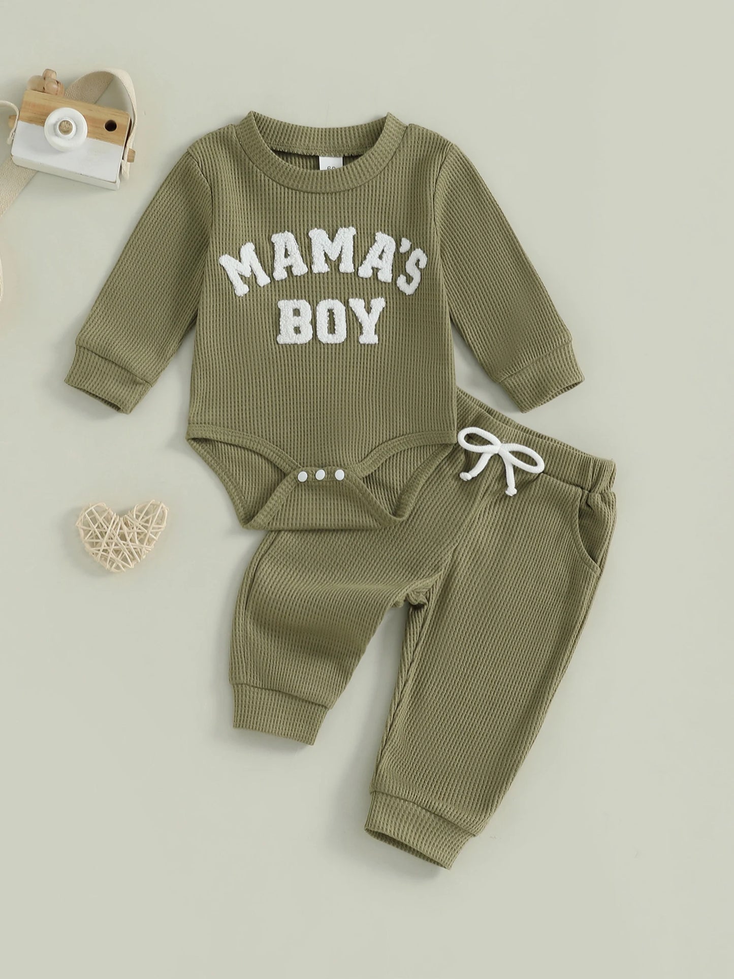 Adorable Mamas Boy waffle long-sleeve romper