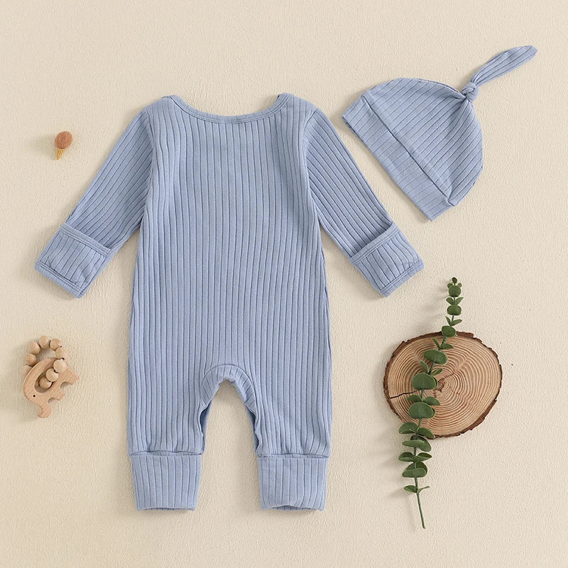 "Hello I'm New Here" Newborn Ribbed Jumpsuit with Hat