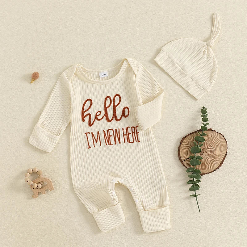 "Hello I'm New Here" Newborn Ribbed Jumpsuit with Hat