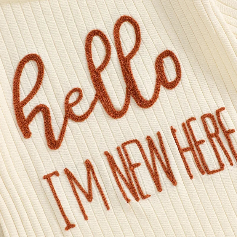 "Hello I'm New Here" Newborn Ribbed Jumpsuit with Hat