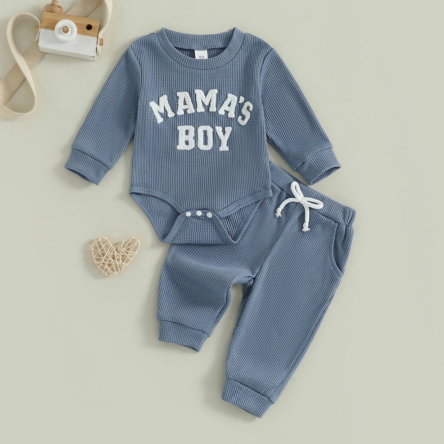 Adorable Mamas Boy waffle long-sleeve romper