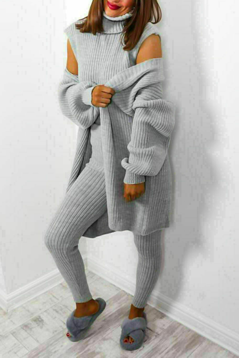 Roll Neck Chunky Knitted Ribbed Lounge Set