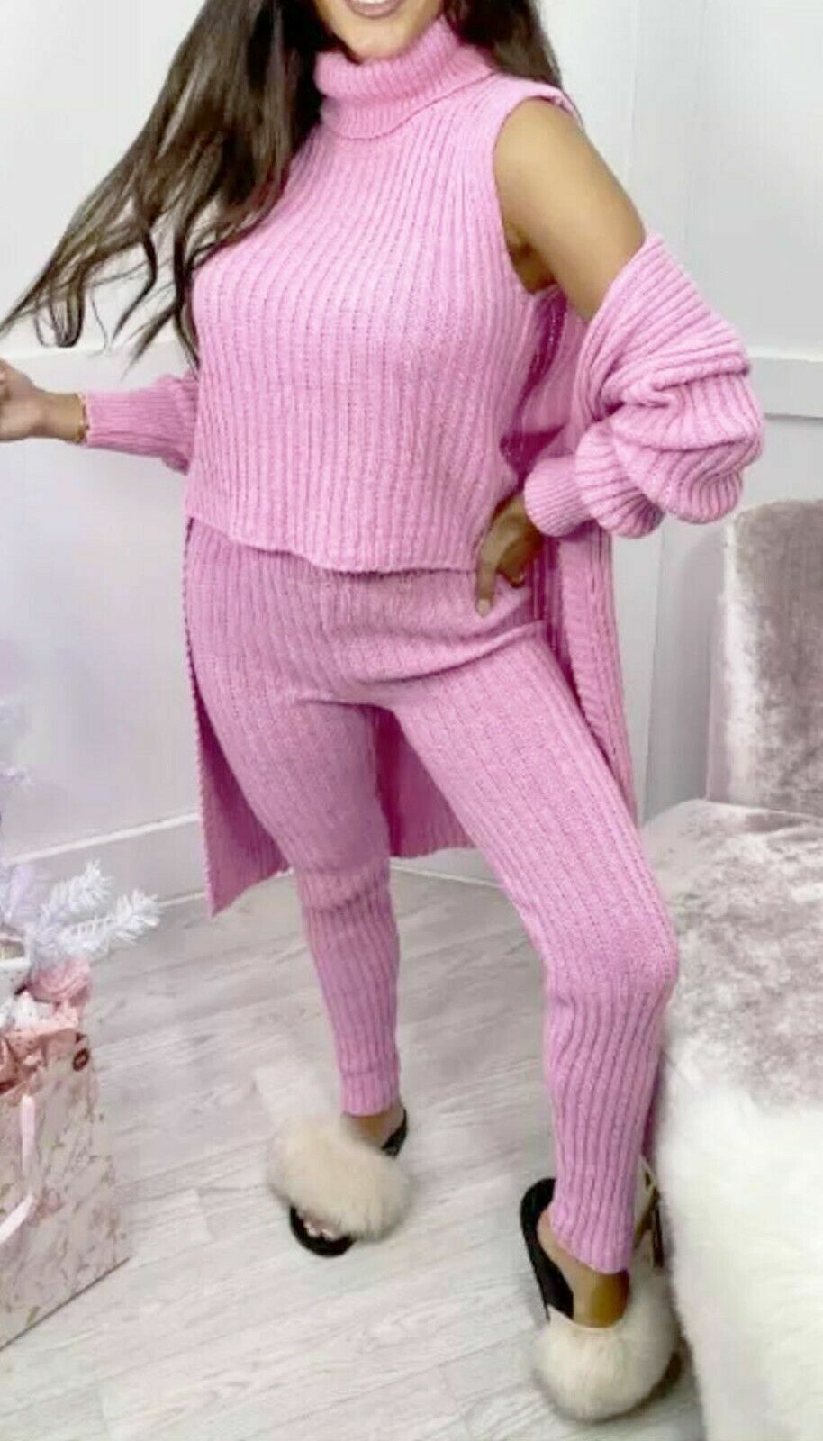 Roll Neck Chunky Knitted Ribbed Lounge Set