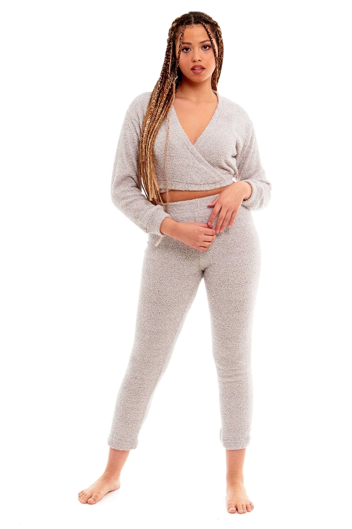 Ultra Soft Teddy Fleece Long Sleeve Wrap Top and Stretch Fit Pants
