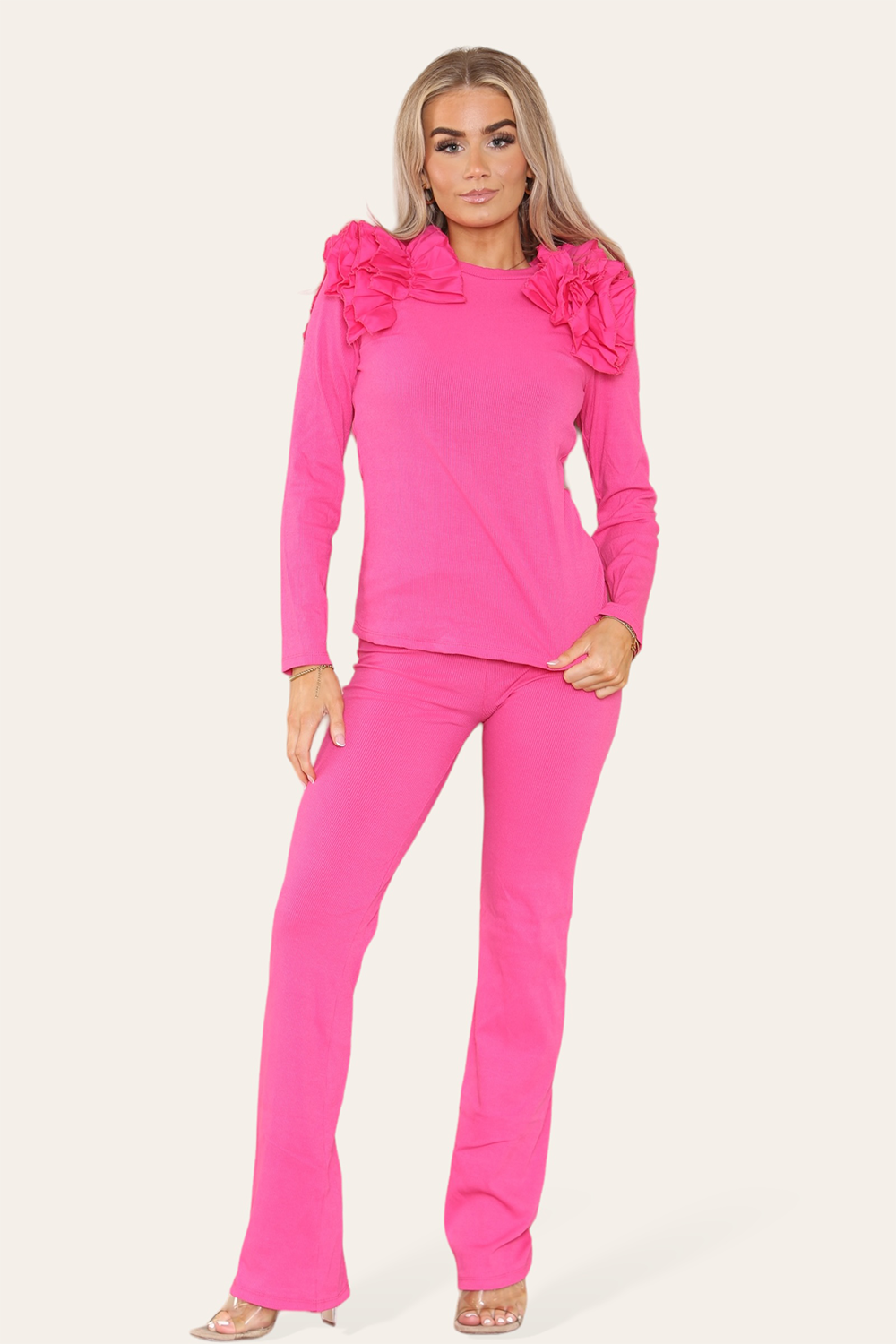 Ruffle Frill Shoulder Ribbed Loungewear