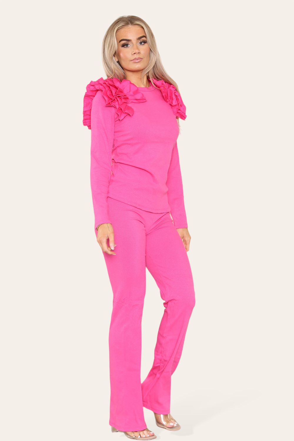 Ruffle Frill Shoulder Ribbed Loungewear