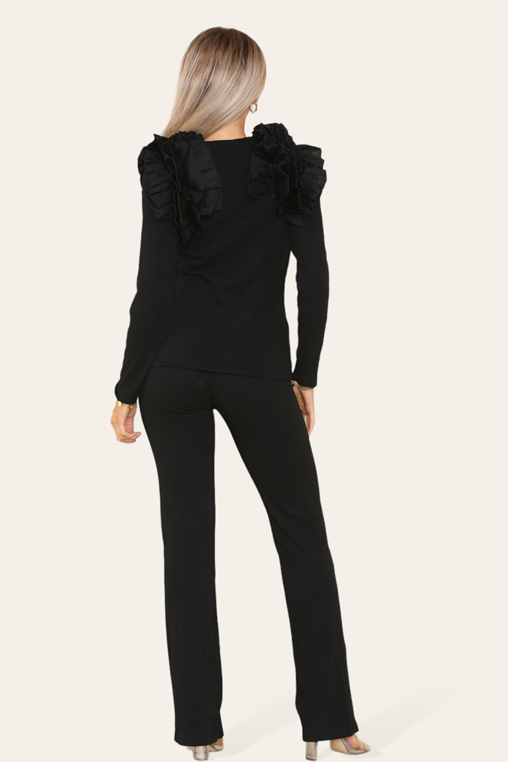 Ruffle Frill Shoulder Ribbed Loungewear