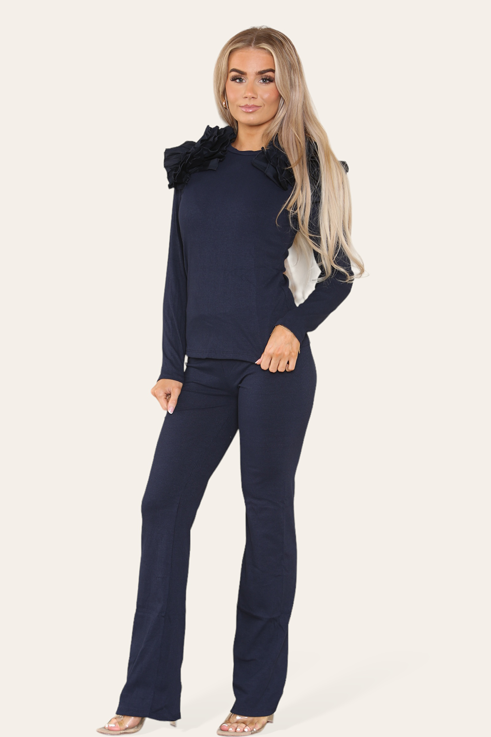 Ruffle Frill Shoulder Ribbed Loungewear