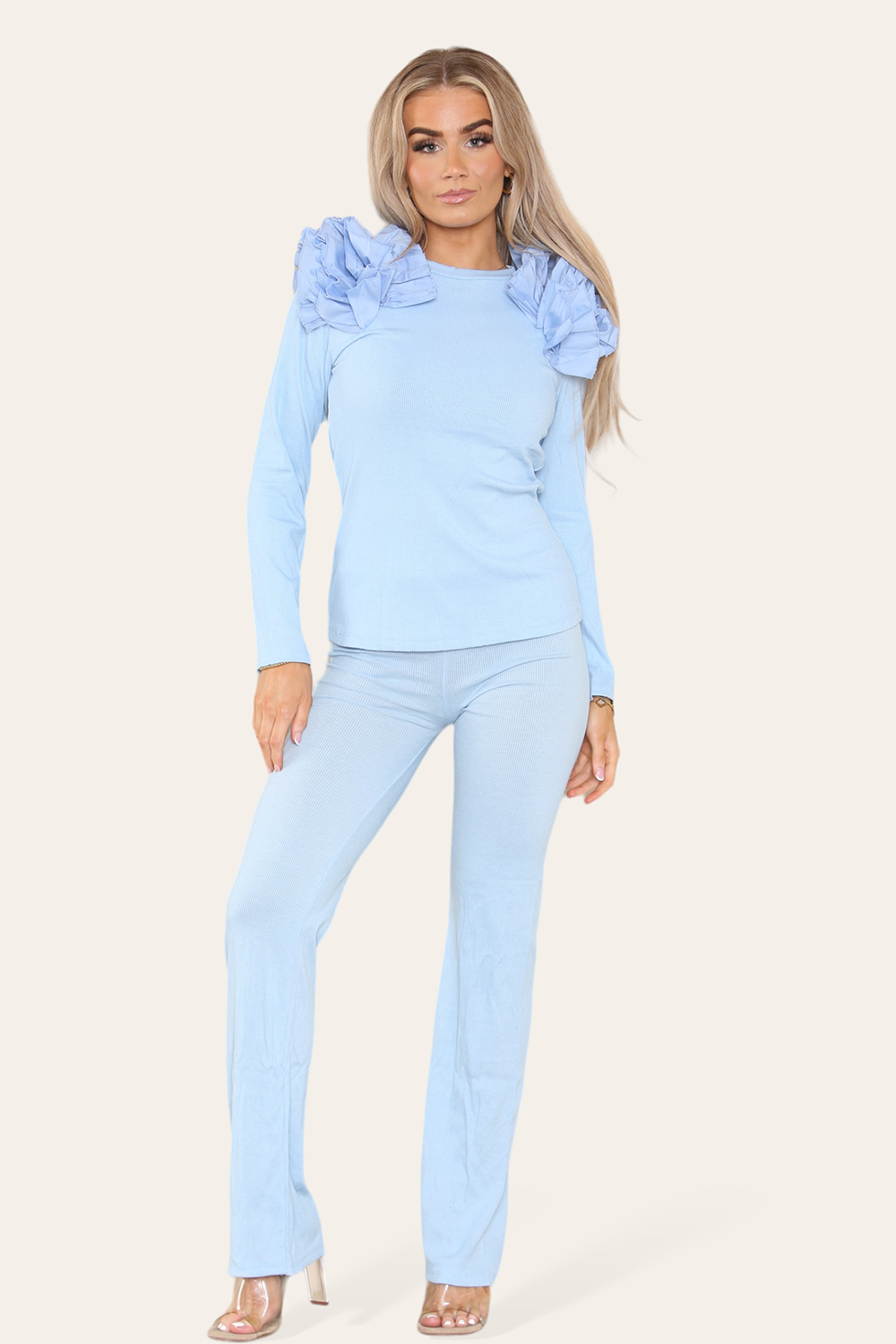 Ruffle Frill Shoulder Ribbed Loungewear