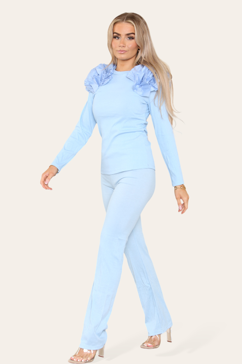 Ruffle Frill Shoulder Ribbed Loungewear