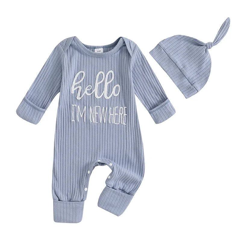 "Hello I'm New Here" Newborn Ribbed Jumpsuit with Hat