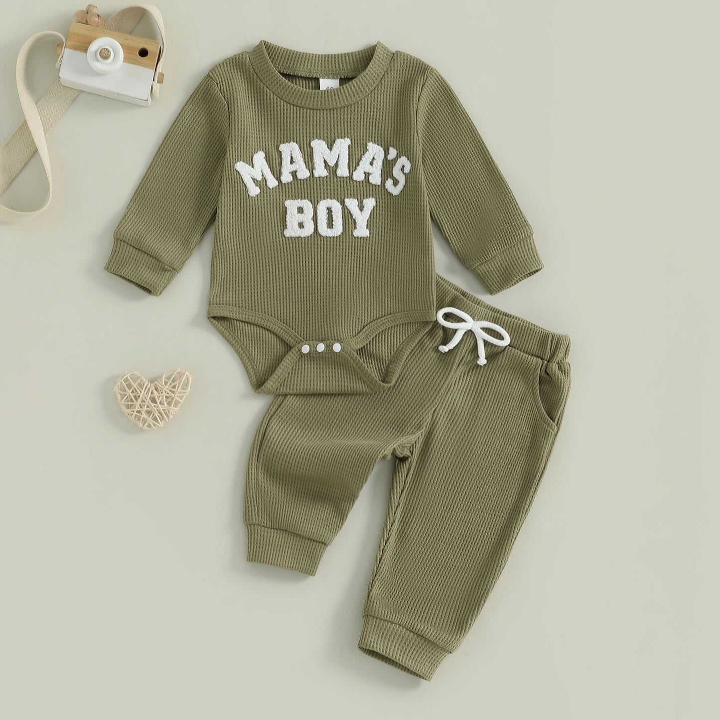 Adorable Mamas Boy waffle long-sleeve romper