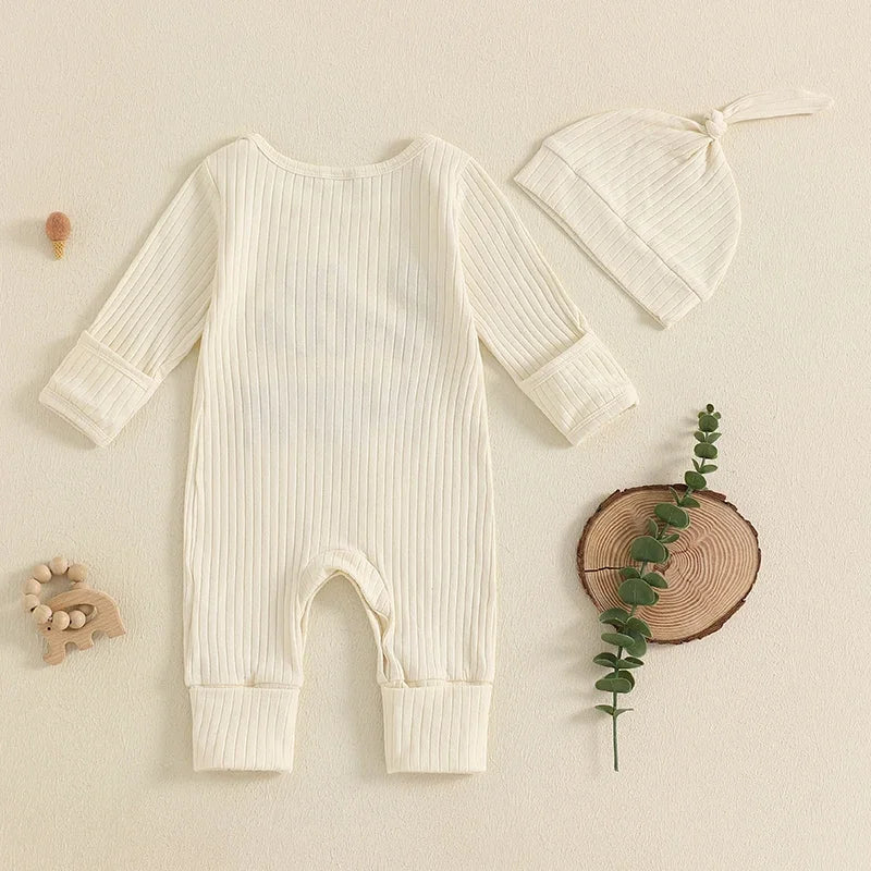 "Hello I'm New Here" Newborn Ribbed Jumpsuit with Hat