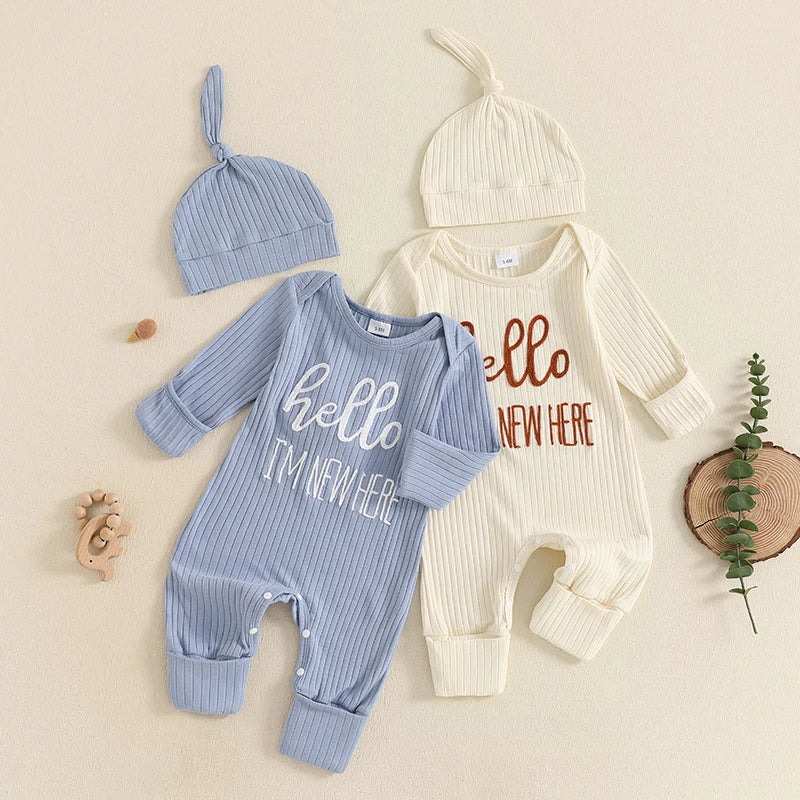 "Hello I'm New Here" Newborn Ribbed Jumpsuit with Hat