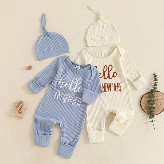 "Hello I'm New Here" Newborn Ribbed Jumpsuit with Hat