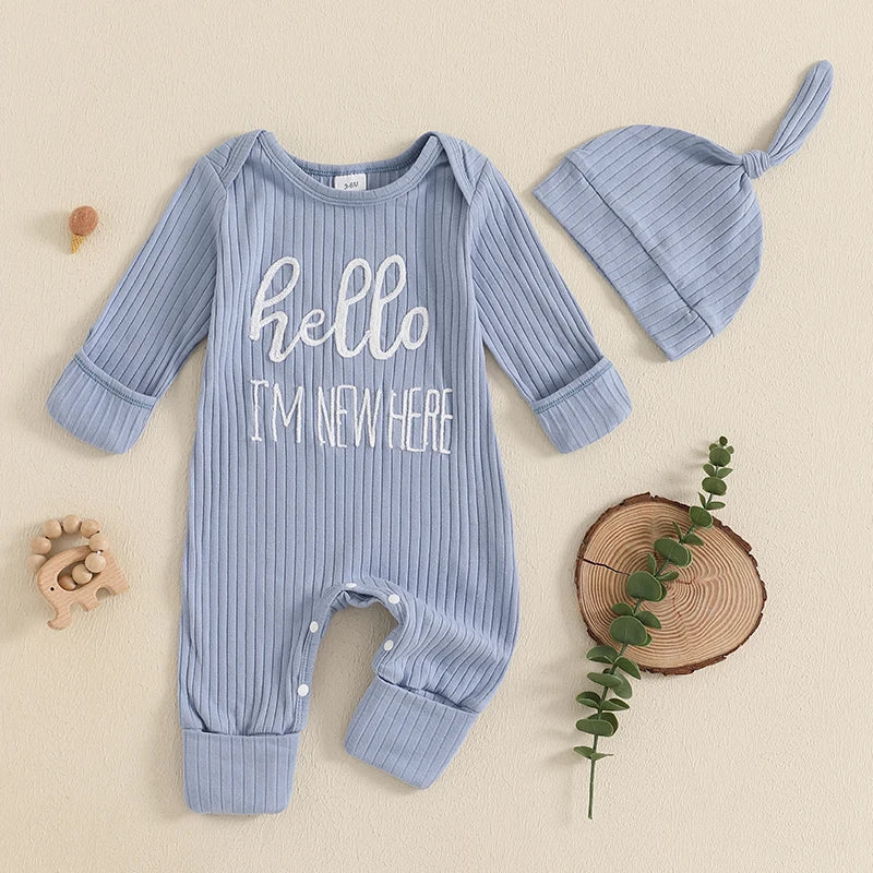 "Hello I'm New Here" Newborn Ribbed Jumpsuit with Hat