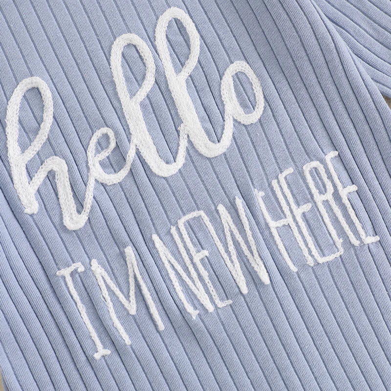 "Hello I'm New Here" Newborn Ribbed Jumpsuit with Hat