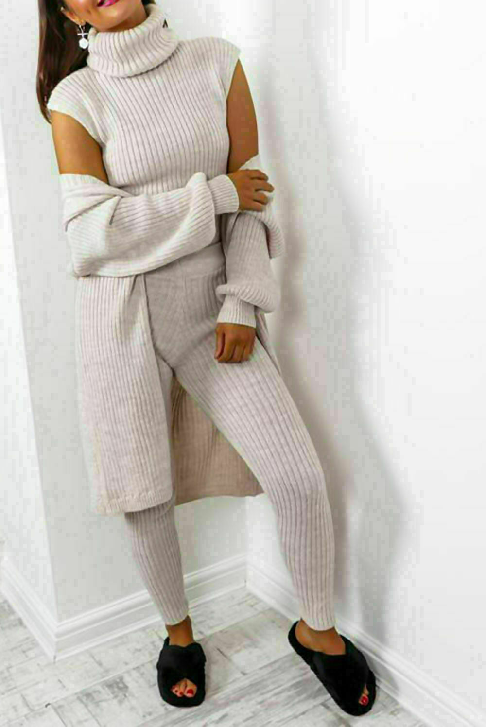 Roll Neck Chunky Knitted Ribbed Lounge Set