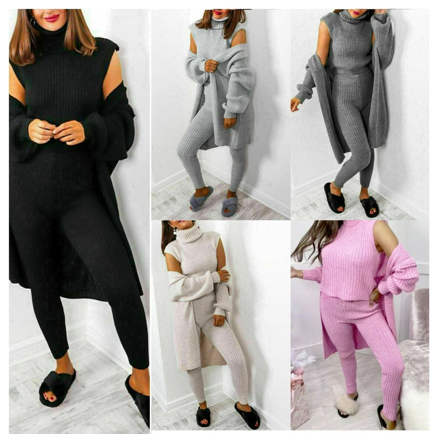 Roll Neck Chunky Knitted Ribbed Lounge Set