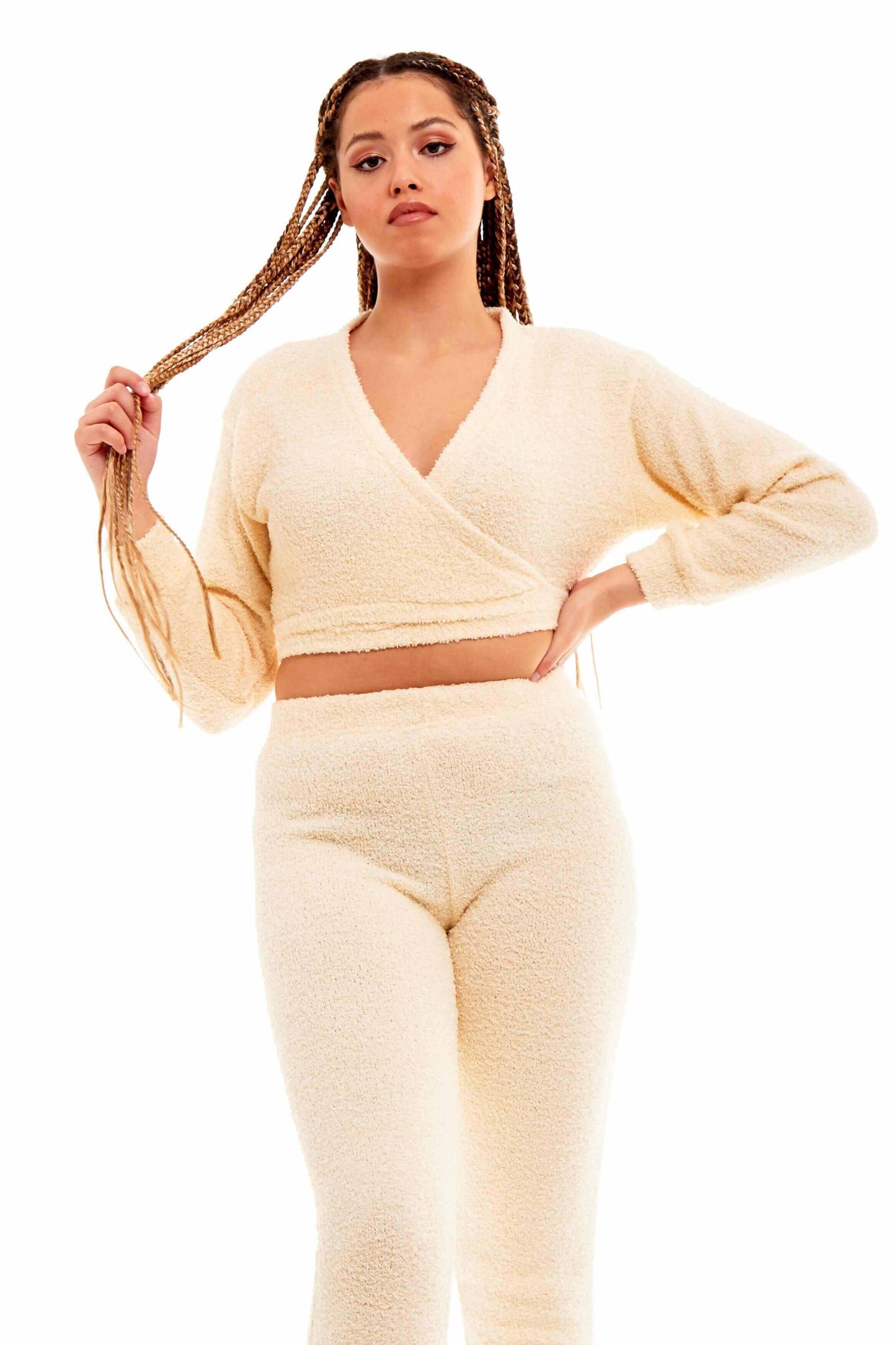 Ultra Soft Teddy Fleece Long Sleeve Wrap Top and Stretch Fit Pants