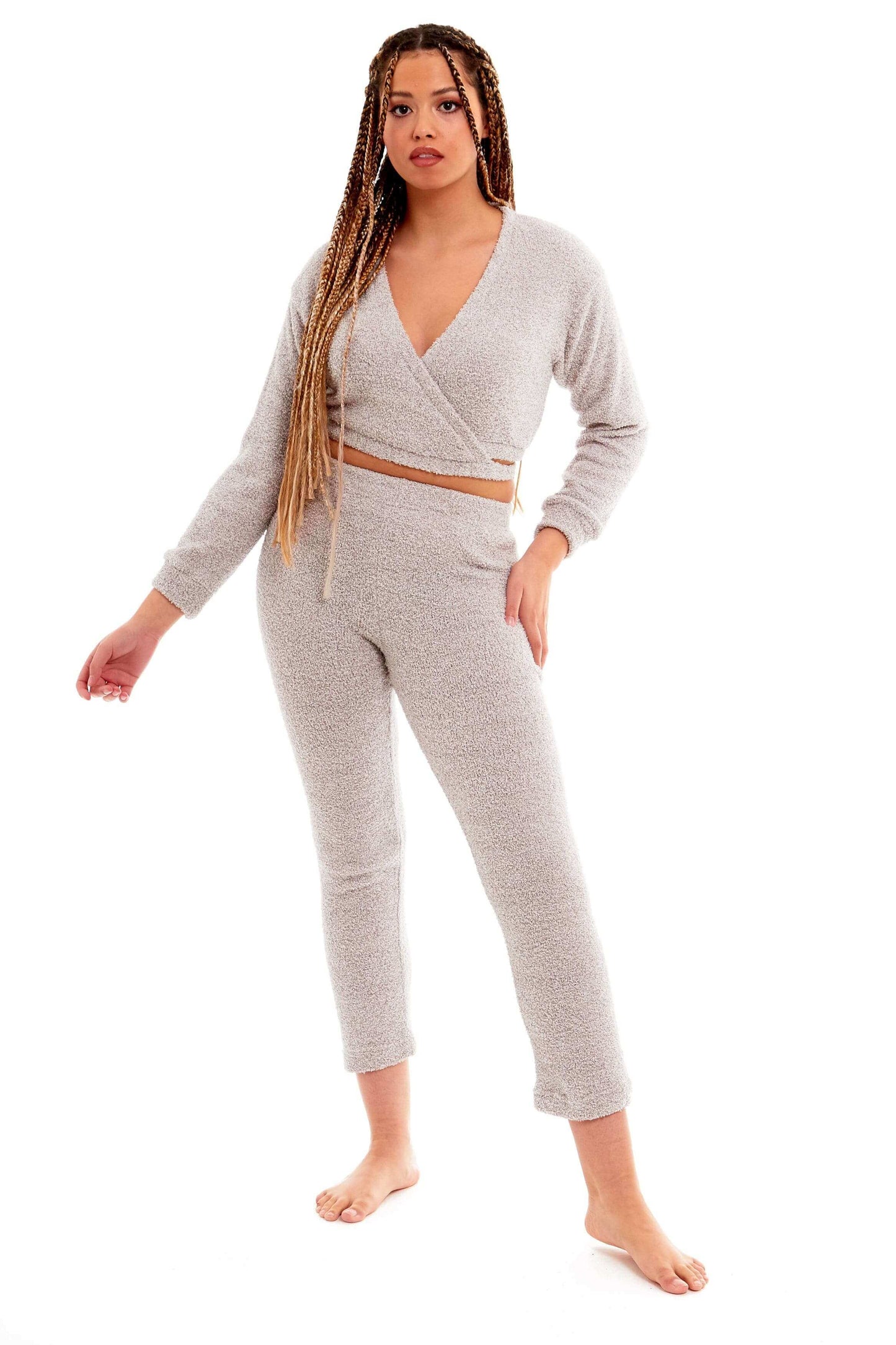 Ultra Soft Teddy Fleece Long Sleeve Wrap Top and Stretch Fit Pants